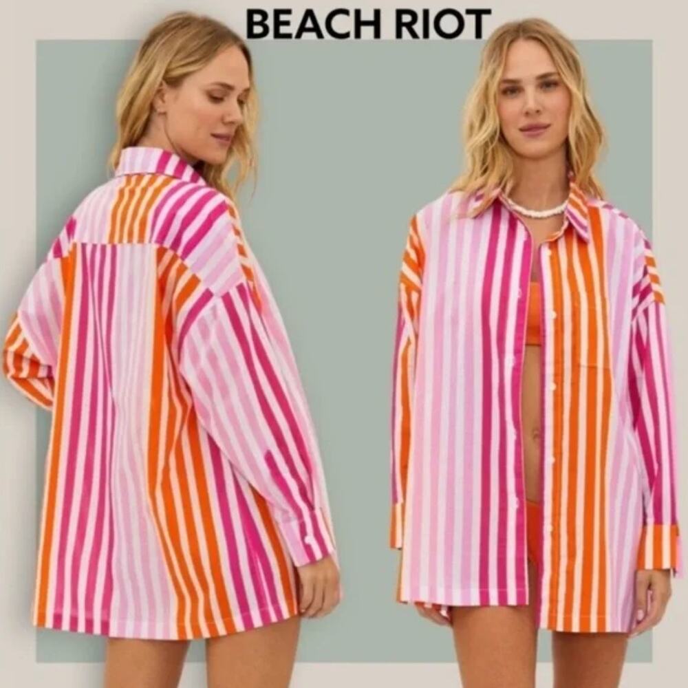 Beach Riot Alexa Top Sunset Stripes Cover Up Size PL Pink, Orange and White